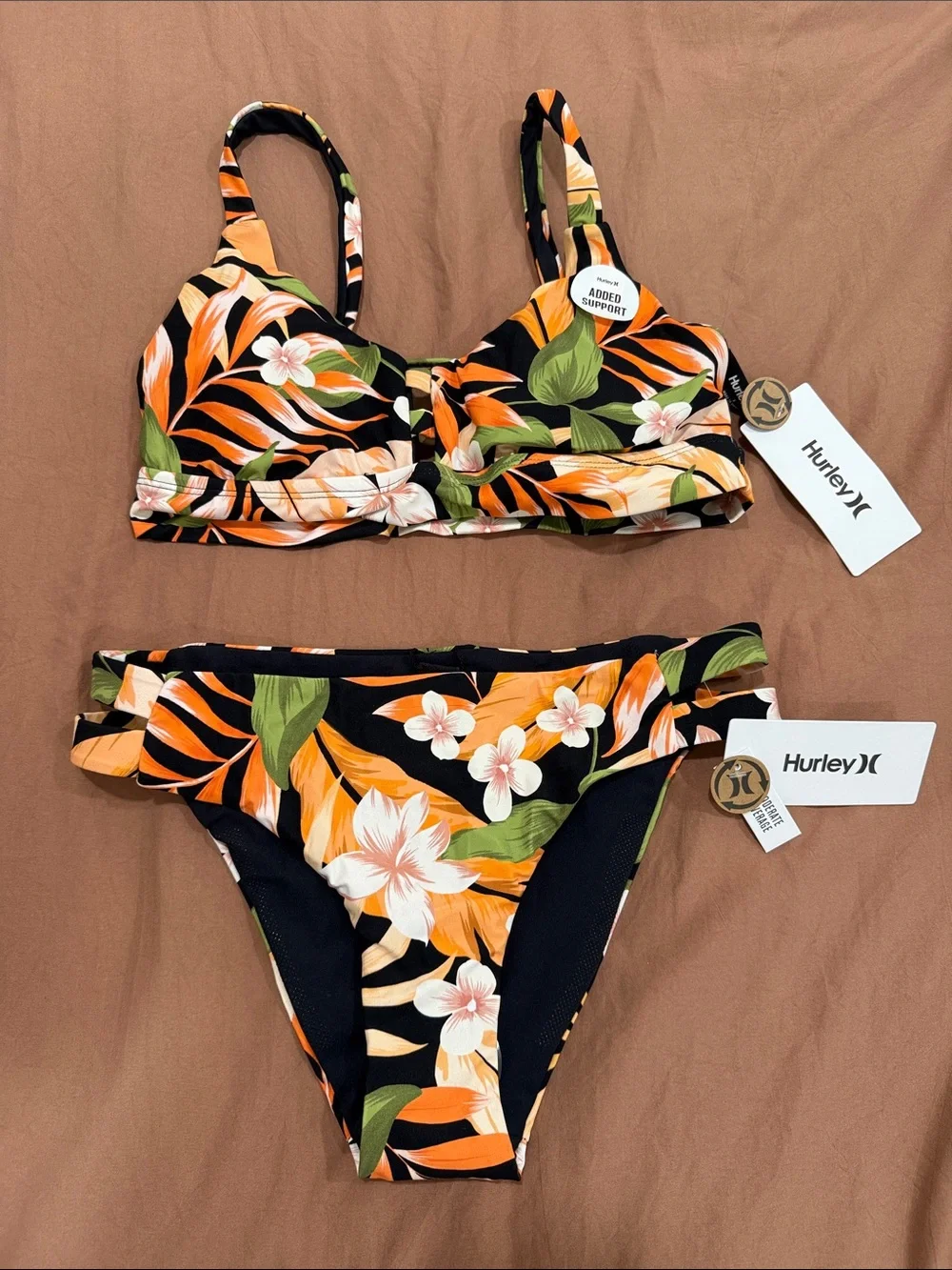 Hurley Women's Black Floral Tropical Bikini Set - Orange & Green